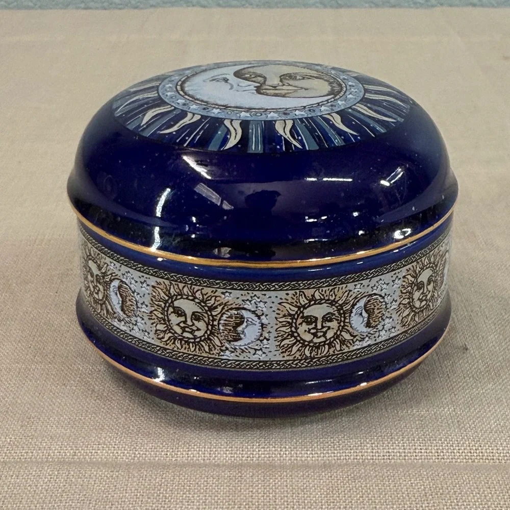 Blue Celestial Sun Moon Music Box Trinket Jar Whimsigoth Vintage OS
